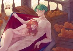 1boy 2girls albein_alm_rudolf_ii alm_(fire_emblem) anthiese_lima ass bangs big_ass blush breasts c0_nes celica_(fire_emblem) completely_nude cuckquean erection exhibitionism faye_(fire_emblem) fire_emblem fire_emblem_echoes:_shadows_of_valentia food fruit green_eyes green_hair handjob medium_breasts medium_hair nintendo nipples nude nude_female nude_male orange_(fruit) orange_eyes orange_hair penis public public_nudity red_eyes short_hair stealth_sex unaware very_short_hair