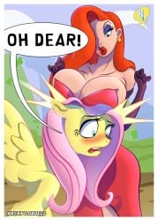 2013 big_breasts blush boob_hat breasts bryan_lobdell clothed clothing confusion crossover dialogue digital_media_(artwork) disney duo ear_piercing ear_ring english_text equid equine eyelashes eyeshadow feathered_wings feathers female feral fluttershy_(mlp) friendship_is_magic gloves hair handwear hasbro horse huge_breasts human jessica_rabbit lips lipstick makeup mammal my_little_pony narrowed_eyes open_mouth orange_hair pegasus piercing pink_hair pony purple_eyeshadow red_lipstick signature simple_background speech_bubble startled teeth text tongue who_framed_roger_rabbit wings yellow_body