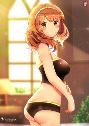 1girls alternate_costume artist_logo artist_name ass bad_id bad_pixiv_id bare_shoulders bikini black_bikini black_swimsuit blush breasts celica_(fire_emblem) chinchongcha cowboy_shot day eyebrows_visible_through_hair female female female_only fire_emblem fire_emblem_echoes:_shadows_of_valentia hairband highres indoors lamp looking_at_viewer medium_breasts midriff nintendo orange_eyes orange_hair plant short_hair solo sports_bra standing sunlight swimsuit wet window