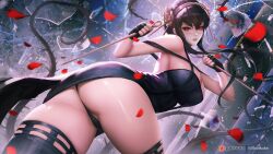 1girls action_pose ass assassin black_hair black_panties black_thong boobs_and_butt_pose breasts broken_glass cameltoe cleavage dress female female_only fingerless_gloves from_behind from_below gloves hairband looking_at_viewer minidress panties red_eyes reflection rose_petals solo spy_x_family stiletto_(weapon) thighhighs thighs thong thorn_princess thorns upskirt weapon windwalker yor_briar