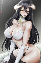 1girls 2022 absurd_res albedo_(overlord) almualim artist_logo artist_signature black_hair black_panties bra breasts cleavage daniel_ahumada demon demon_girl demon_horns female female_only hips horns huge_breasts long_hair overlord_(maruyama) panties slim_waist succubus succubus_horns thick_lips thick_thighs thighhighs thighs white_bra wide_hips yellow_eyes