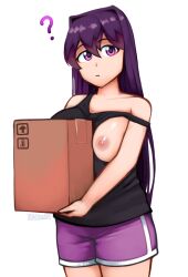 1girls ? cardboard_box doki_doki_literature_club gym_shorts long_hair looking_at_viewer nipples one_breast_out partially_clothed purple_eyes purple_hair solo standing tank_top triplestabber yuri_(doki_doki_literature_club)