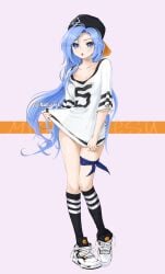 blue_eyes blue_hair cap chaesu long_hair minah nike no_bra no_panties no_underwear orange_eyes sneakers thighs tongue tongue_out tsundere very_long_hair