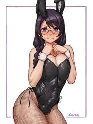 1futa 2023 animal_ears bakemonogatari balls big_breasts big_penis blush breasts bulge cleavage closed_mouth clothed clothing cowboy_shot erection erection_under_clothes fully_clothed futa_only futanari glasses hands_up hanekawa_tsubasa human large_breasts light-skinned_futanari light_skin long_hair long_sleeves looking_at_viewer monogatari_(series) pantyhose penis purple_eyes purple_hair rabbit_ears semi-rimless_eyewear seraziel solo standing white_background wide_hips