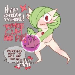 1boy 1girls :3 big_breasts breasts card female female_pokemon funny gardevoir green_hair huge_breasts implied_cumming implied_orgasm killing meme offscreen_character owo pokemon pokemon_(species) saltyxodium spell spellcasting tagme text text_bubble uno