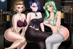 3girls abs aramyx archbishop beauty_mark big_ass big_breasts big_butt breasts choker cleavage english_text eyeshadow female female_only fire_emblem fire_emblem:_three_houses garreg_mach_monastery large_breasts lingerie lipstick makeup manuela_casagranda mole mole_on_breast mole_under_eye multiple_girls nintendo orange_eyeshadow orange_lips orange_lipstick panties purple_clothing purple_panties reward rhea_(fire_emblem) shamir_nevrand smile text thighhighs underwear white_panties wide_hips