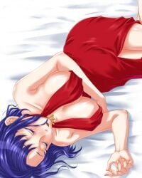 1girls bed big_breasts blue_hair cecile_croomy chiwa_(phywa) code_geass drooling female huge_breasts large_breasts no_bra open_mouth revealing_clothes skimpy_clothes sleeping solo tagme