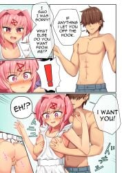 ! acefish ass blush blushing breast_grab breasts brown_hair butt comic comic_page doki_doki_literature_club english_text hair_intakes naked_apron natsuki_(doki_doki_literature_club) nipples open_mouth pink_eyes pink_hair pussy speech_bubble text