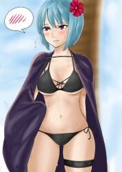 1girls alternate_costume beach belly_button beruka_(fire_emblem) bikini black_bikini black_swimsuit blue_hair blush cape cat_neko_cat1 cloak embarrassed female fire_emblem fire_emblem_fates flower flower_in_hair medium_breasts medium_hair nintendo palm_tree purple_eyes solo swimsuit tree wet