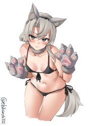 alternate_costume animal_ears animal_hands asymmetrical_hair blush breasts closed_mouth collarbone cropped_legs ebifurya eyebrows_visible_through_hair feet_out_of_frame female gloves grey_eyes groin hair_between_eyes hands_up highres kantai_collection looking_at_viewer navel nowaki_(kantai_collection) paw_gloves short_hair silver_hair small_breasts solo tail twitter_username white_background wolf_ears wolf_paws wolf_tail