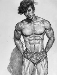 1boy arab arab_male arabian black_and_white bodybuilder bulge flex_sketch flexing instagram_model looking_at_viewer male male_only mehdi_kamal middle_eastern middle_eastern_male muscles muscular muscular_male real_person sketch teen_boy uncolored