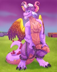 activision anthro baruti_(spyro) blue_eyes claws clothing dragon feathered_dragon feathered_wings feathers genitals grass hair hat headgear headwear hi_res horn male male_only outside penis plant purple_body purple_clothing rescued_dragons_(spyro) scalie shadowpelt solo spyro_reignited_trilogy spyro_the_dragon video_games white_hair wings