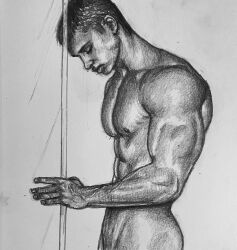 1boy alex_jechev big_biceps black_and_white bodybuilder flex_sketch male male_only muscles muscular muscular_male real_person teen_boy uncolored