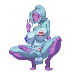 1futa american_flag_bikini balls big_balls big_penis blue_skin breasts clothed clothing erection futa_only futanari huge_breasts huge_cock humanoid humanoid_penis hylotl makinakid mostly_nude multi_eye penis purple_skin skindentation solo spread_legs squatting starbound tagme two_tone_body