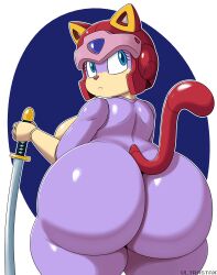 1girls 2022 anthro ass big_breasts blue_eyes breasts bubble_butt cat_ears cat_tail curvaceous domestic_cat feline female fur furry helmet high_resolution huge_ass kemono looking_at_another looking_back mammal nipples pink_fur polly_esther purple_body samurai_pizza_cats shiny_skin shortstack smaller_female solo standing sword tail thick_thighs ultrastax voluptuous wide_hips