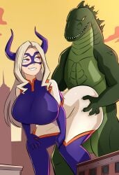 1boy 1girls 2020s 2021 ass ass_grab ass_shake bent_over bestiality big_ass bodysuit breasts caiman2 crossover female giantess godzilla godzilla_(series) grinding huge_ass huge_breasts kaiju lap_dance large_breasts looking_back macro male mount_lady my_hero_academia thick_thighs twerking yuu_takeyama zoophilia