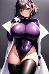 ai_generated big_breasts black_hair blush breasts clothing coat collar earrings female gloves huge_breasts latex leotard pink_eyes shiny_clothes short_hair solo stable_diffusion thick_thighs thighhighs thighs tight_clothing white_gloves wide_hips yo_dayo_(ai)