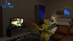 3d 3d_(artwork) anthro artist_logo bed black_fur blender_(software) blue_eyes digital_media_(artwork) furry game_freak indoors ninja-max nintendo open_mouth pokemon pussy shiny_zeraora spread_legs spreading tongue tongue_out tv white_fur yellow_fur zeraora