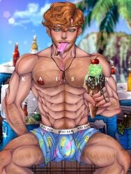 abs beach big_pecs blue_eyes bulge cabaret_bara_series finn_(cabaret_bara) ginger hairy ice_cream kai_san_art male_only muscles muscular muscular_male pecs popsicle spread_legs