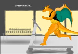 anthro balls bodily_fluids charizard destruction21 genitals gym hi_res male multicolored_body nintendo orange_body penis pokémon_(species) pokemon pokemon_(species) pokemon_unite solo sweat treadmill video_games watermark wings yellow_body