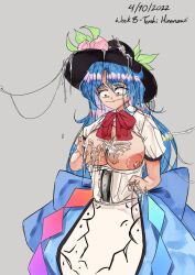 1girls blue_hair breasts cum cum_on_breasts cum_on_hat female hat long_hair solo solo_female tenshi_hinanawi touhou