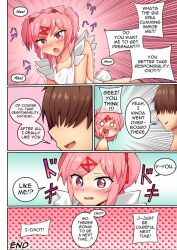 acefish apron blush blushing brown_hair comic comic_page doki_doki_literature_club english_text hair_intakes impregnation_risk motion_lines mouth_open naked_apron name_in_dialogue natsuki_(doki_doki_literature_club) open_mouth pink_background pink_eyes pink_hair speech_bubble text text_bubble