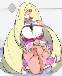 blonde_hair bondage bound feet foot_fetish gag gagged green_eyes green_nails green_toenails long_hair lusamine_(pokemon) milf nail_polish nintendo pokemon pokemon_sm reati1 soles tickling toenail_polish toes