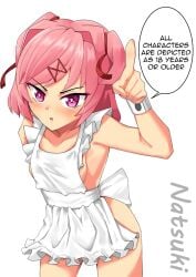 1girls 5_fingers acefish comic comic_page doki_doki_literature_club english_text female female_only hair_intakes naked_apron natsuki_(doki_doki_literature_club) pink_eyes pink_hair sideboob solo speech_bubble text text_bubble