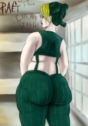 1girls big_ass dafqwet english_text female female_focus female_only fully_clothed green_hair huge_ass jojo's_bizarre_adventure jolyne_kujo solo solo_female stone_ocean text thick_thighs