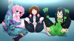 3girls big_breasts black_hair bodysuit breasts brown_eyes brown_hair cameltoe female female_focus female_only green_hair hero_outfit_(mha) horns lewdshock long_hair mina_ashido mound_of_venus my_hero_academia nipple_bulge ochako_uraraka pink_hair pink_skin pussy short_hair tsuyu_asui yellow_eyes