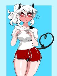 1girls alternate_version_available big_eyes blue_background blush border demon demon_girl demon_horns demon_tail fingers_together gym_shirt gym_shorts gym_uniform heart-shaped_pupils heart_tail helltaker huff light_skin looking_at_viewer modeus_(helltaker) pov pov_eye_contact puffy_face red_eyes rocketthevillain straight_hair white_hair