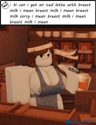 1girls 3d apron areola_slip areolae big_breasts black_eyes black_hair blue_apron blue_nipples blue_skin bluerr34 blush breasts cleavage coffee coffee_cup coffee_machine cups dialogue english_text female female_only headband holding_object iced_latte_with_breast_milk indoors long_hair meme mostly_nude naked_apron nipple_bulge nipples open_mouth original_character plates roblox robloxian shiram sideboob solo solo_focus standing tattoo tattooed_arm text thighs twitter_username