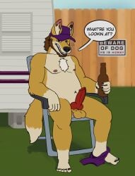 alcohol animal_genitalia animal_penis anthro balls beer beer_bottle beverage bottle canid canine canine_penis canis chair clothed clothing dingo drunk erection fence furniture genitals hat headgear headwear hi_res knot lewd_latte male mammal original_character partially_clothed penis sign solo substance_intoxication trailer underwear underwear_down