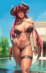 1girls 2022 bikini black_bikini breasts eu03 female female_only hips horns huge_breasts long_hair original original_character outdoors partially_submerged pool skindentation slim_waist solo sunglasses sunglasses_on_head thick_thighs thigh_strap thighs tsunoko water wet wet_body wide_hips