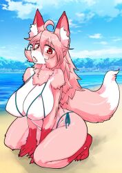 2022 5_fingers ahoge anthro bare_shoulders barefoot beach big_breasts bikini biped blue_sky blush breasts brown_nose canid canine cheek_tuft claws cleavage clothed clothing cloud colored_nails countershade_face countershading cute_fangs day digital_media_(artwork) dipstick_ears dipstick_tail eye_through_hair eyebrow_through_hair eyebrows facial_tuft feet female finger_claws fingers fox full-length_portrait fur gloves_(marking) hair hair_between_eyes hands_between_legs hi_res humanoid_hands inner_ear_fluff kazuhiro kemono kneeling leg_markings light_bikini light_body light_breasts light_countershading light_inner_ear_fluff light_swimwear long_hair mammal markings monotone_breasts monotone_eyes monotone_hair monotone_inner_ear monotone_nails monotone_nose multicolored_ears nails nipple_outline open_mouth outside pink_body pink_ears pink_face pink_feet pink_fur pink_hair pink_hands pink_inner_ear pink_nails pink_tail plantigrade portrait red_eyes sand sea seaside short_snout side-tie_bikini sky socks_(marking) solo swimwear tail_markings toe_claws translucent translucent_hair tuft two_tone_face two_tone_tail water white_bikini white_body white_breasts white_clothing white_countershading white_face white_inner_ear_fluff white_swimwear white_tail white_tail_tip