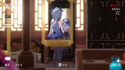 2girls 3d animated ass ass_shake big_ass bird blue_hair breasts crane_(bird) dancing dat_ass eyes_closed female female_only from_behind ganyu_(genshin_impact) genshin_impact happy highres legs leotard long_hair medium_breasts mirror pantyhose recording red_eyes reflection smile sound thighs video xianyun_(genshin_impact)