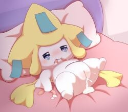 <3_eyes absurd_res bed bite blue_eyes blush bodily_fluids condom creampie cum cum_in_pussy cum_inside female filled_condom furniture genital_fluids heart hi_res jirachi legendary_pokemon looking_pleasured nintendo on_bed pokémon_(species) pokemon pokemon_(species) pussy sexual_barrier_device solo video_games white_body zwishi