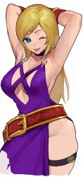 1girls armpits arms_behind_head big_breasts blonde_hair blue_eyes bonne_jenet breasts busty cleavage dress fatal_fury female female_only garou:_mark_of_the_wolves highres king_of_fighters king_of_fighters_xv large_breasts legs lipstick long_hair makeup no_panties one_eye_closed oni_gini pose posing sensual snk thick_thighs thighs tongue tongue_out voluptuous wink