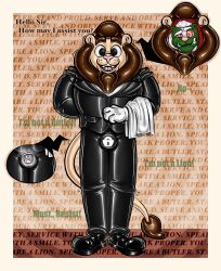 absurd_res acrasials_art_(artist) anthro bondage bondage bound butler chastity_cage chastity_device clothed clothing encasement facial_hair footwear formal_clothing formal_wear gloves handwear hi_res hypnosis identity_theft latex_gloves male mammal mascot mascot_costume mephitid mind_control necktie ron_(greenpanunk) rubber rubber_clothing rubber_mascot rubber_suit service skunk solo suit topwear uniform