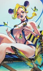 1girls bare_shoulders big_ass big_breasts female_focus female_only hourglass_figure jojo's_bizarre_adventure jolyne_kujo lipstick looking_at_viewer musasabi navel sitting stone_ocean swimsuit toned toned_female two_tone_hair wide_hips