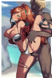 1boy bangs bare_shoulders beach bikini blonde_hair blurry blurry_background blush braid breasts censored censored_pussy clothed_female_nude_male clothed_sex collarbone female final_fantasy final_fantasy_brave_exvius green_eyes highres jacket jonylaser large_breasts leg_lift lilyth_(ffbe) long_hair long_sleeves looking_at_viewer navel nipples nude off_shoulder open_clothes open_jacket orange_hair penis ponytail pussy red_jacket scar sex sex_from_behind short_hair sidelocks smile spread_legs standing_sex straight swimsuit thighs twin_braids vaginal_penetration white_bikini