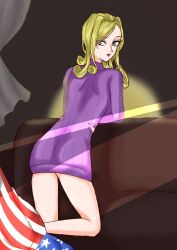 1girls american_flag ass blonde_hair blue_eyes curly_hair doppios_sweater female female_focus female_only fully_clothed funny_valentine genderswap_(mtf) jojo's_bizarre_adventure lighting looking_back purple_sweater rule_63 solo steel_ball_run sweater_dress thighs tight_clothing