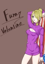 1girls american_flag blonde_hair blue_eyes boob_window breasts cleavage doppios_sweater female female_focus female_only fully_clothed funny_valentine genderswap_(mtf) hair_bun hair_covering_eye jojo's_bizarre_adventure purple_sweater rule_63 solo steel_ball_run sweater_dress thighs tight_clothing