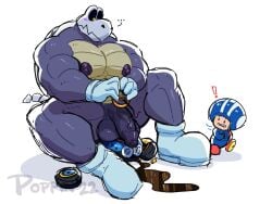 anthro bara big_penis boots clothing dry_bones dry_himbones flaccid footwear foreskin genitals gloves handwear hi_res koopa male male_only mario_(series) mario_kart muscular muscular_male nintendo nipples penis poppin purple_nipples scalie sitting solo solo_focus surprised_expression toad_(mario) too_big vein veiny_penis video_games white_background yellow_eyes