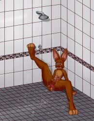 absurd_res anal anal_sex anthro balls bathroom bathroom_tiles brown_body brown_fur corner depsu dildo dildo_in_ass dildo_insertion feet fur genitals hi_res humanoid internal internal_anal lagomorph leporid long_ears male male/male mammal masturbation penetration penis rabbit sex_toy sex_toy_in_ass sex_toy_insertion shower shower_room solo solo_focus tile unfinished usagi_(depsu) water