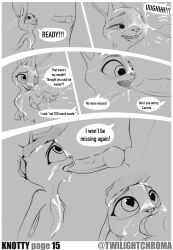 absurd_res anthro bodily_fluids canid canine comic cum cum_on_face dialogue digital_media_(artwork) disney duo english_text erection fellatio female flat_chest fox fur genital_fluids genitals hi_res judy_hopps lagomorph leporid male male/female mammal monochrome nick_wilde nude open_mouth oral penile penis rabbit sex simple_background smile text twilightchroma zootopia