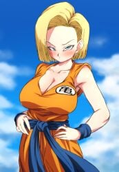 android_18 belt big_breasts blonde_female blonde_hair blue_eyes blush blushing cleavage deep_cleavage dragon_ball dragon_ball_super dragon_ball_z earrings gi huge_breasts krillin's_gi medium_hair rom short_blonde_hair sky sleeveless solo turtle_school_uniform