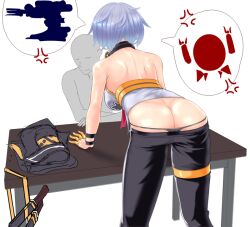 1boy anger_vein ass ass_cleavage backboob bare_shoulders black_panties breasts butt_crack faceless faceless_male female from_behind girls'_frontline high_heels large_breasts leaning leaning_forward lowleg lowleg_pants panties pants shimogami_migihidari shiny shiny_hair shiny_skin short_hair sideboob silver_hair smile speech_bubble thompson_(girls'_frontline) thong