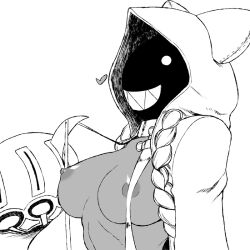 1girls animal_hands animal_hood blazblue braid breasts cat_hood claws dark-skinned_female dark_skin gloves greyscale grin hood hoodie large_breasts long_hair monochrome nipples paw_gloves sharp_teeth simple_background smile solo suspenders suspenders_pull taokaka teeth tsukudani_(coke-buta) twin_braids