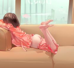 absurdres ass barefoot brown_hair butt_crack cityscape clothes_pull couch falsewander feet_up female highres lying medium_hair on_couch on_stomach original pajamas pants pants_pull pink_pajamas solo window